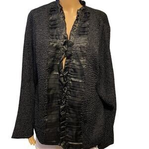 AVENUE Cardigan Jacket Women 14/16 Black Crinkle Satin Ruffles Whimsigoth Grunge